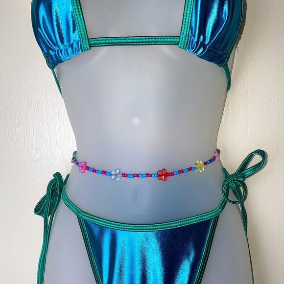 New Large Triangle Bikini with Waist Beads Charms Contrast Trim Micro Mini Beach - Picture 3 of 5
